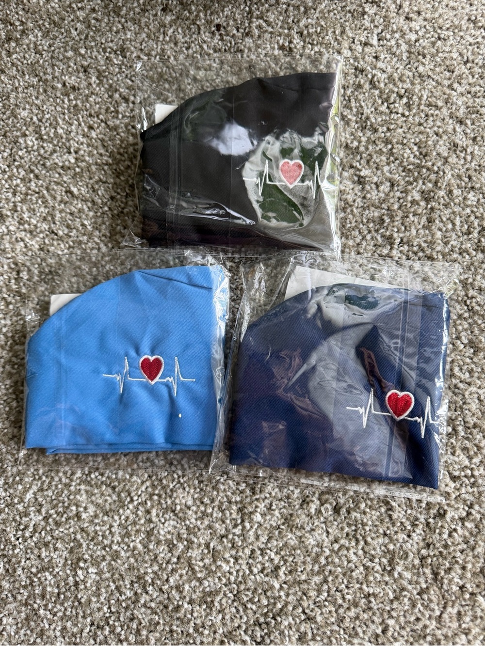 Embroidered Heartbeat Beanie Pack - Black, Sky Blue, Navy (3pcs)